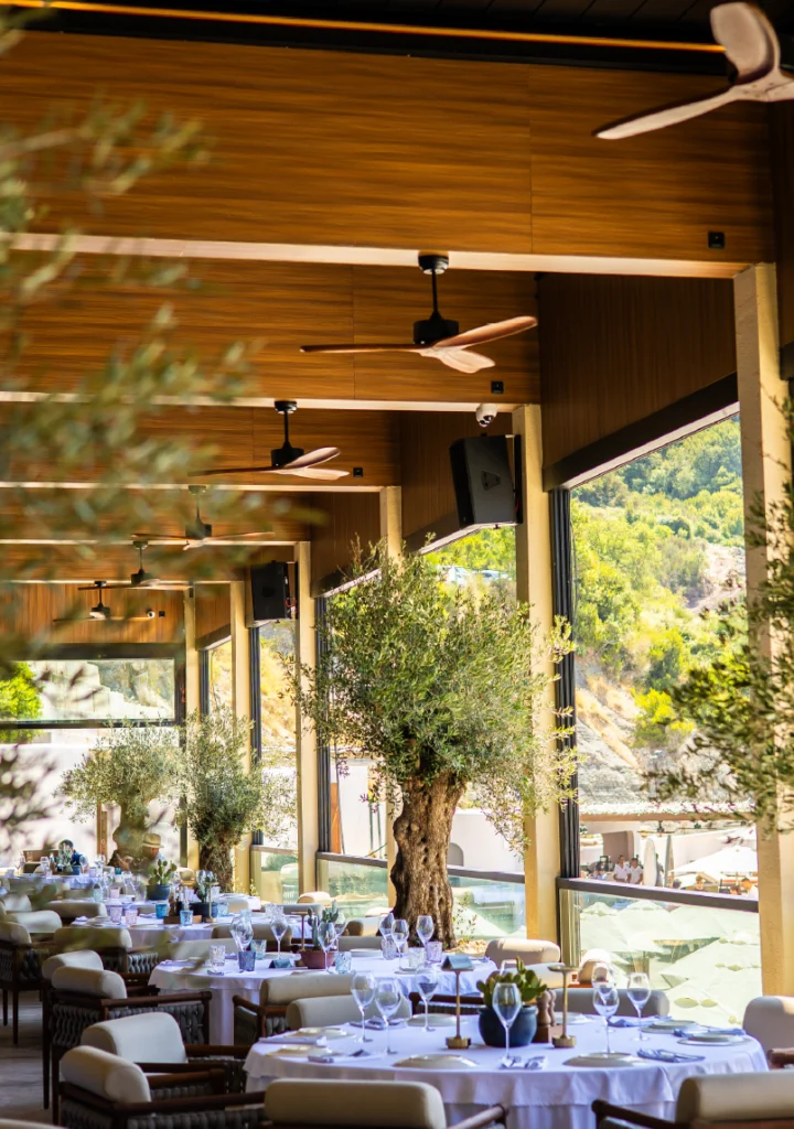 Enterijer restorana sa pergolom i drvenim oblogama – Garden Lux realizacija